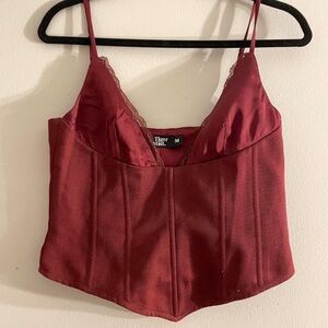 TIGER MIST Contrast Mixed Media Satin Lace Burgundy Red Corset Top Size Small